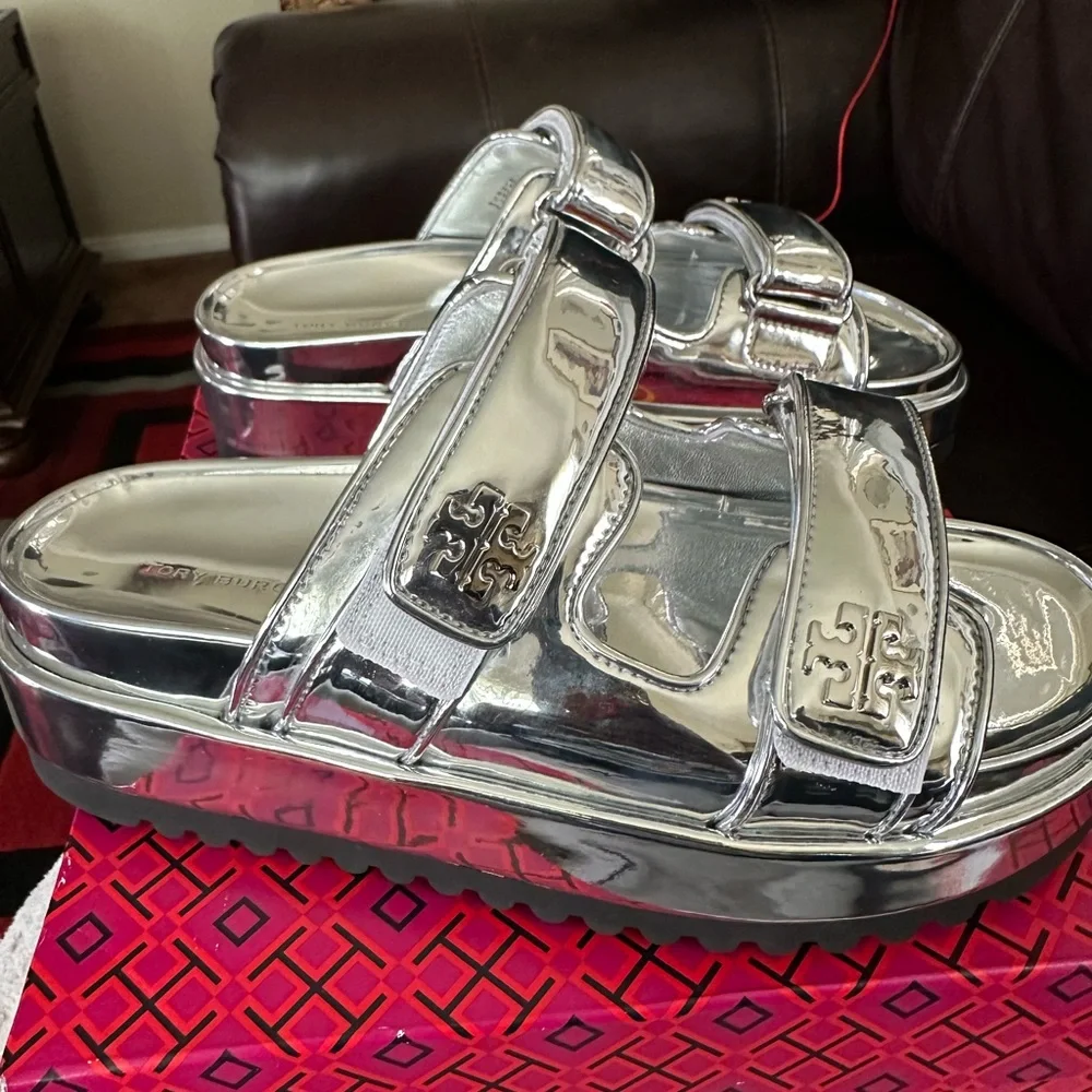 Tory Burch Silver Metallic Platform Slide Sandals